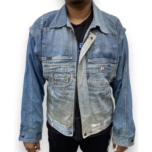 Vintage 1990s Aris Patchwork Wash Denim Jacket Men's Sz Med Bomber Jacket‎